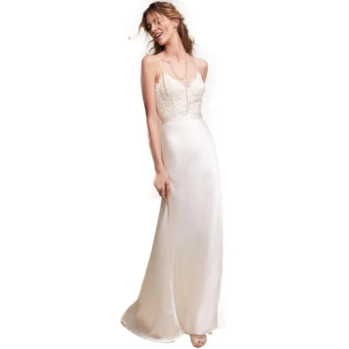 Elegant French Style Lace Evening Gown: Silk Backless, Spaghetti Strap, Floor-Length Cocktail Dress