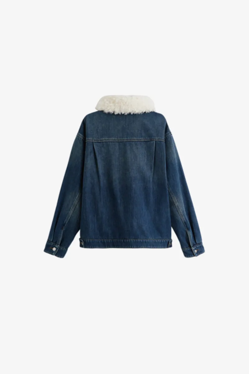 Fleece Lined Denim Trucker Jacket with Fur Collar
